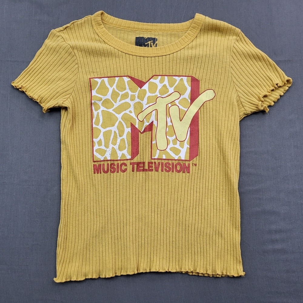 MTV Music Television Ribbed Lettuce‎ Trim Baby Tee Mustard Yellow Large L 2021